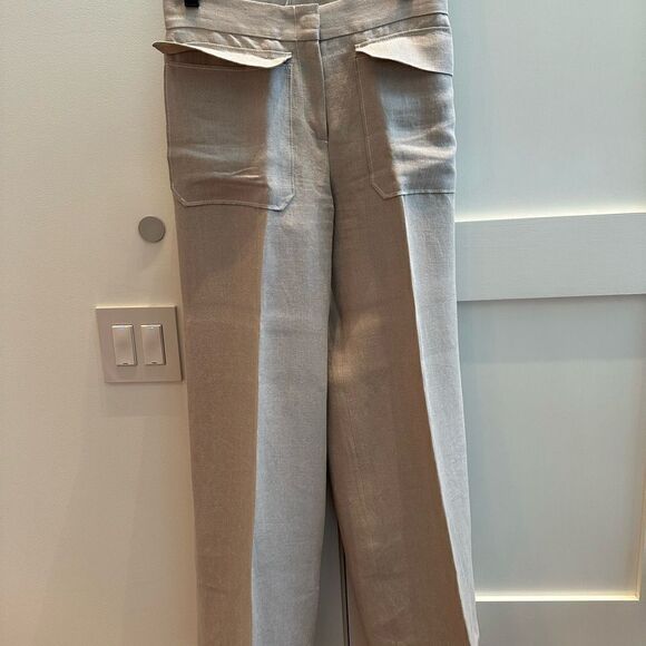 Max Mara tan linen wide leg trouser with cool front pocket detail. Size 8 - Picture 1 of 13